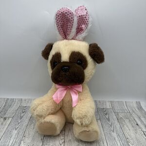 Walmart Pug Dog Easter Rabbit Ears Plush Stuffed Animal Toy 12" Soft W/ Pink Bow